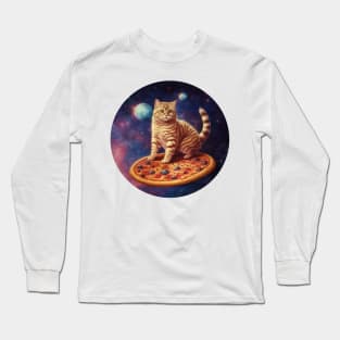 Funny Galaxy Cat In Space Cat Riding Pizza Long Sleeve T-Shirt